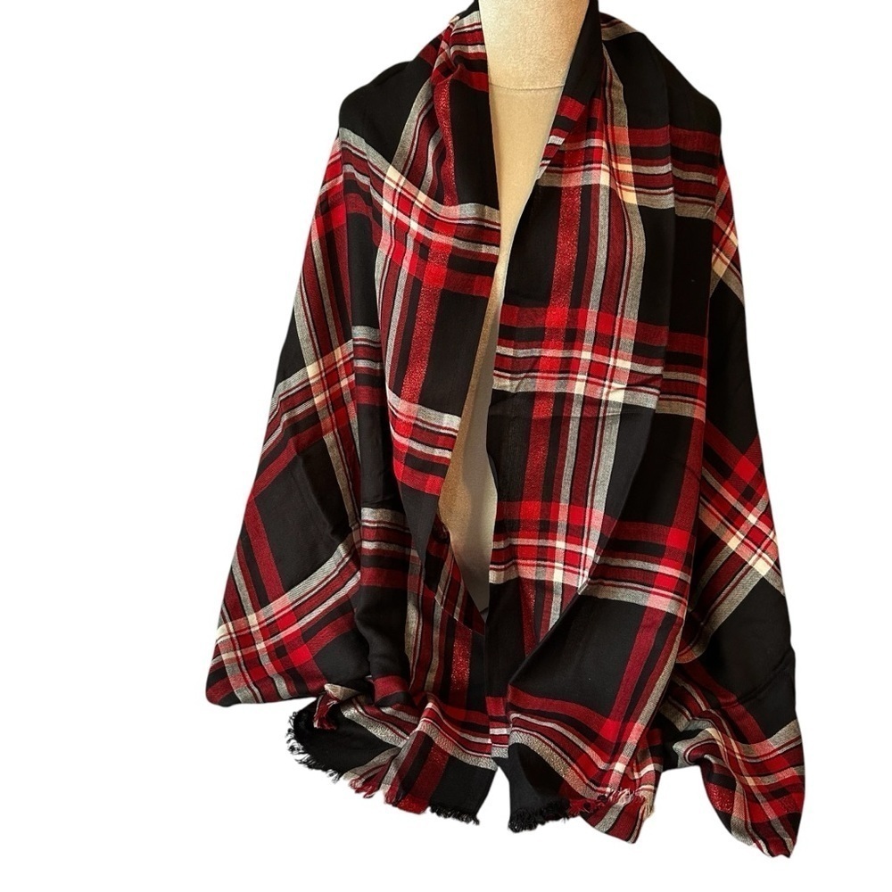 Talbots Oversized Tartan Plaid Scarf Wrap, Black, Red, Metallic Silver, NWOT